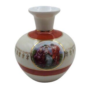 Vintage German Red White Porcelain Bud Vase W/ Roman Ladies Gold Accents